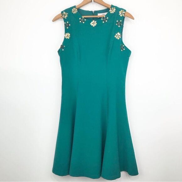 Belle by Badgley Mischka Green Cocktail Dress with Sequin Snowflake Collar - Picture 1 of 16